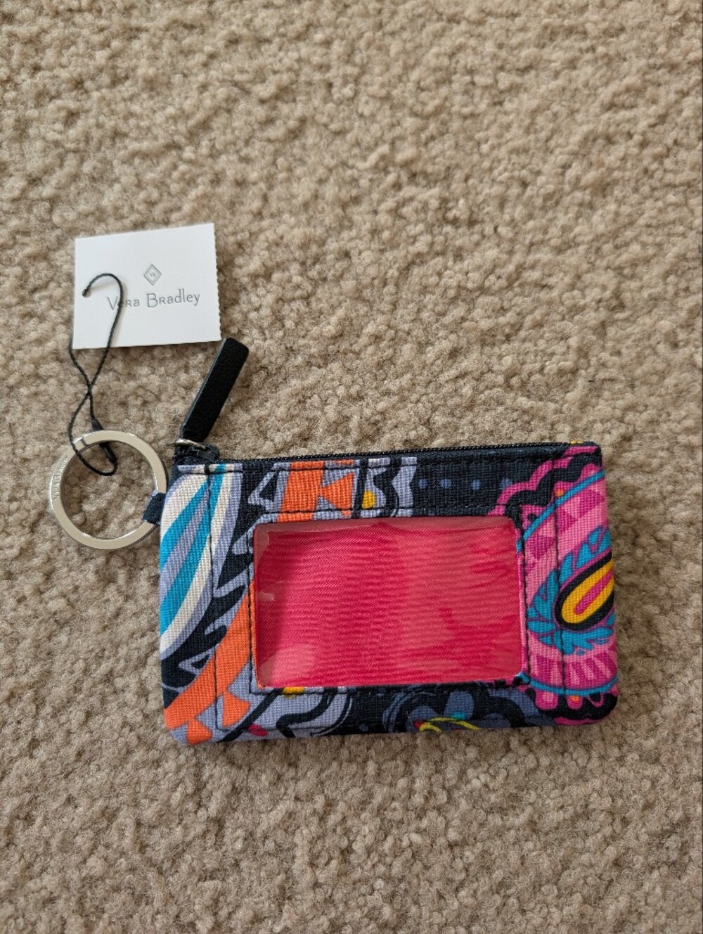 Vera Bradley Bright Pink & Multi Floral ID Card Holder Keychain